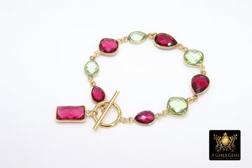 Pink Tourmaline Bracelet, Gold Filled Green Amethyst Gemstone Toggle Bar Bracelet, Boho Stacking Bracelet with Charm by Regina Harp Designs